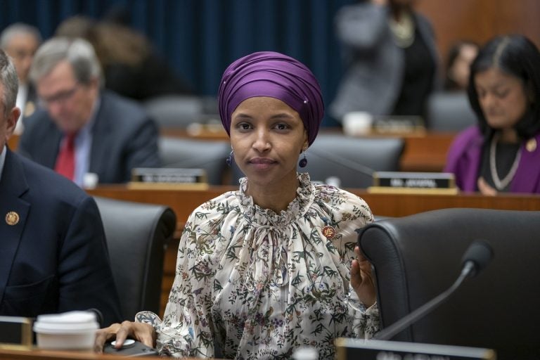 Rep. Ilhan Omar, D-Minn., sits with fellow Democrats on the House Education and Labor Committee during a bill markup, on Capitol Hill in Washington, Wednesday, March 6, 2019. Omar stirred controversy last week saying that Israel's supporters are pushing U.S. lawmakers to take a pledge of 