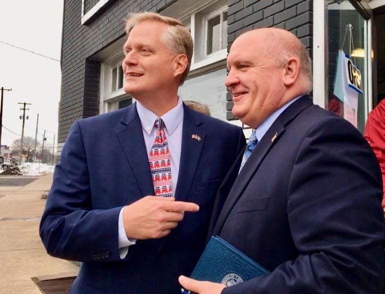 State Rep. Fred Keller, (left), with U.S. Rep. G.T. Thompson in Williamsport Saturday, March 2, 2019. Thompson announced that Keller was selected by conferees to be the nominee for the U.S. House 12th Congressional district. (Anne Danahy / WPSU)