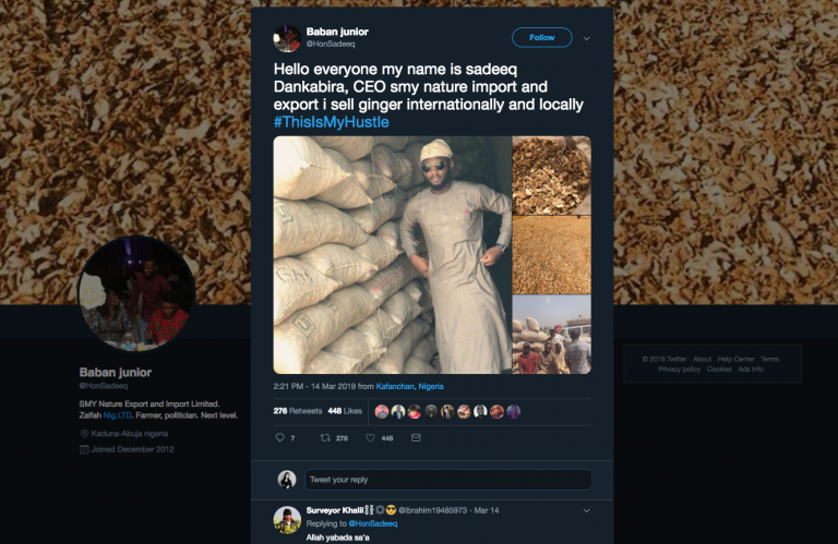 Sadiq Muhammed Kabir, 24, runs his own import-export business selling ginger root in Kaduna, Nigeria. He shared his “hustle” on Twitter. Sadiq Muhammed Kabir, 24, runs his own import-export business selling ginger root in Kaduna. He shared his