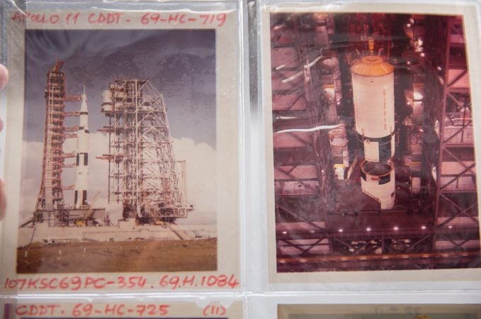 Jacques Tiziou’s collection includes images documenting the Apollo 11 spaceflight on a transparency.  (Lindsay Lazarski/WHYY)