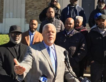 At a news conference in front of Bartram High School in Southwest Philadelphia, State Sen. Anthony Williams, who's running against Jim Kenney in the mayoral race, criticized Kenney's work on stemming violence in Philadelphia. (Dave Davies/WHYY)
