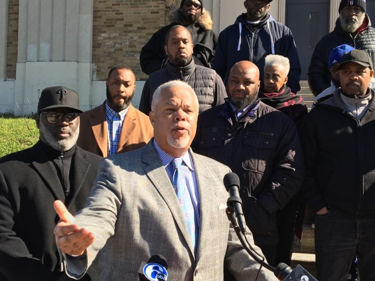 At a news conference in front of Bartram High School in Southwest Philadelphia, State Sen. Anthony Williams, who's running against Jim Kenney in the mayoral race, criticized Kenney's work on stemming violence in Philadelphia. (Dave Davies/WHYY)
