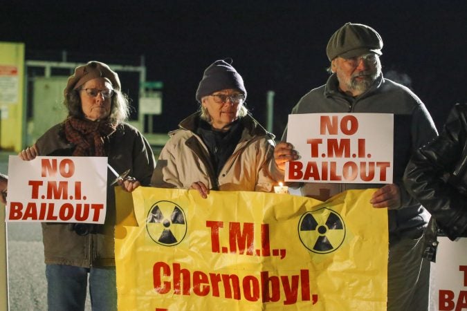 Protesters gather for a vigil outside the north gate of the Three Mile Island nuclear power plant in Londonderry Township, Dauphin County. (Tim Lambert/WITF)