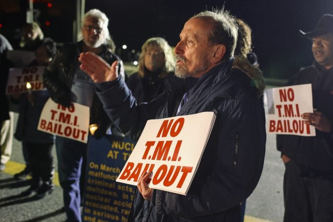 Activist Gene Stilp speaks as protesters gather for a vigil outside the north gate of the Three Mile Island nuclear power plant in Londonderry Township, Dauphin County. (Tim Lambert/WITF)