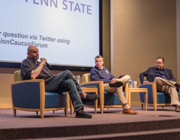 Pennsylvania Lieutenant Governor John Fetterman (left) and Senate Majority Leader Jake Corman (right) took turns discussing the rising cost of college education at Penn State's University Park campus on Thursday, April 11, 2019. (Min Xian / Keystone Crossroads)