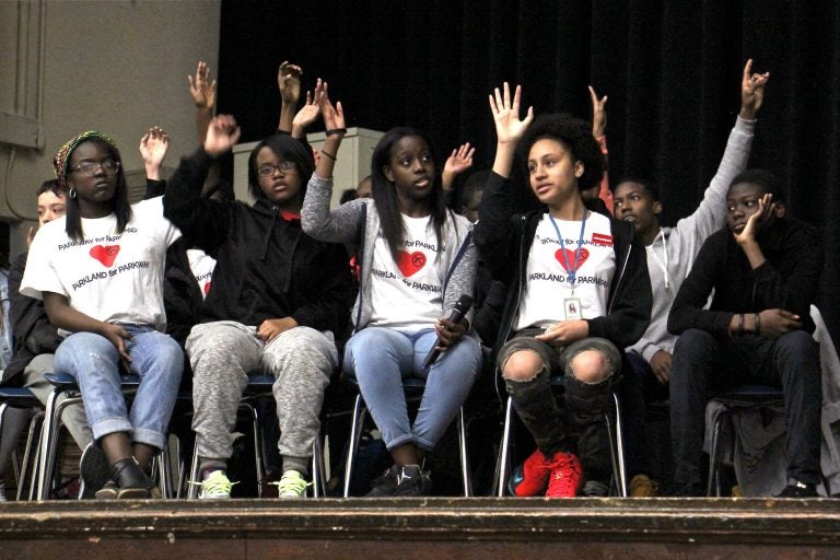 Students at Philadelphia's Parkway Center City Middle College were asked to raise their hands if they were affected by gun violence at an April 2018 forum. (Emma Lee/WHYY)
