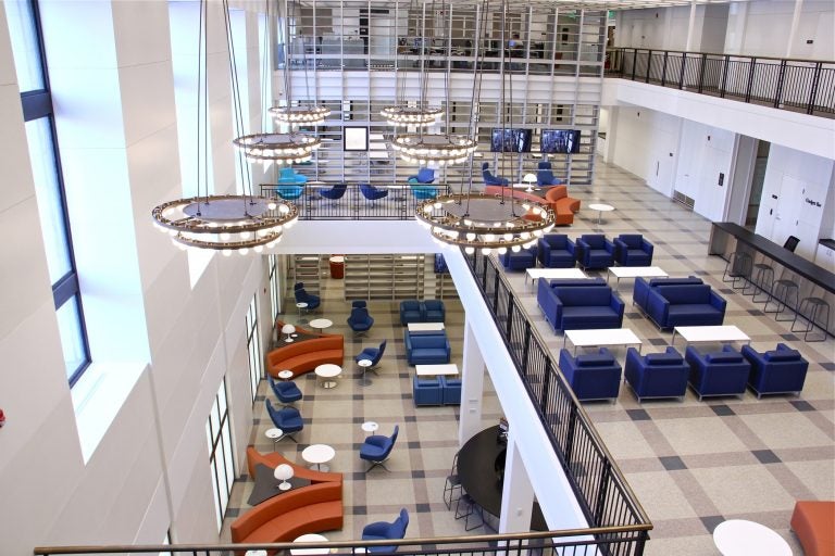 The renovation at the Parkway Central Library includes staff space on the upper floor, two floors of multi-purpose common space, and on the lowermost level, shelves and climate-controlled storage. (Emma Lee/WHYY)