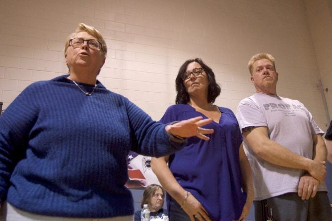 A group of leaders from the local community speak out against plans for a supervised injection facility during a community meeting at the Heitzman Rec Center on Thursday night. (Bastiaan Slabbers for WHYY)