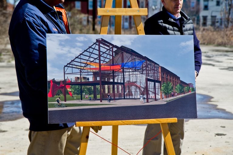 This rendering from Princetel, a fiberoptic rotary joint manufacturer, shows redevelopment of the Roebling factory in Trenton, N.J. (Kimberly Paynter/WHYY)