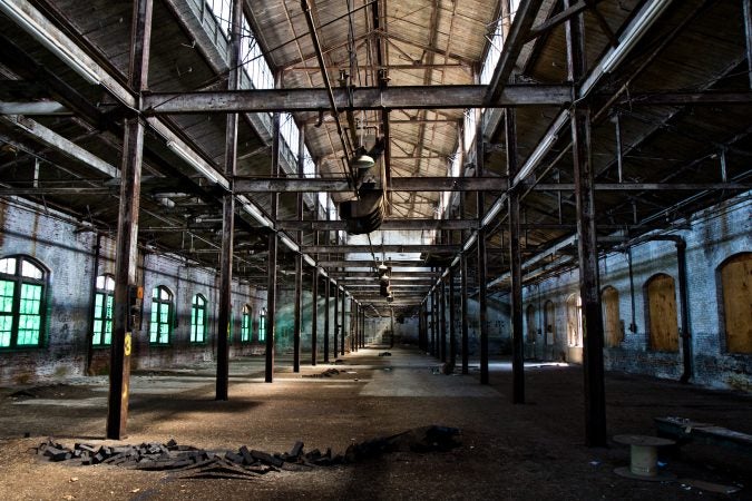 Inside building 57 on Block II of the former Roebling factory. Roebling once made steel cables.(Kimberly Paynter/WHYY)