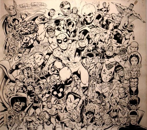 A pencil and ink drawing from 1978 by John Byrne and Joe Sinnott depicts all the Marvel Comics characters of the 1970s. (Emma Lee/WHYY)