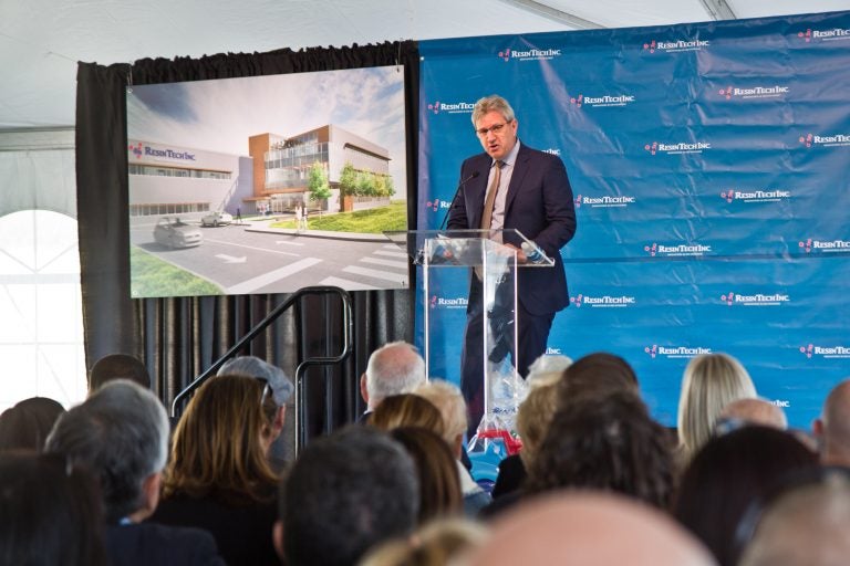 ResinTech CEO Jeffrey Gottlieb speaks at the groundbreaking ceremony for ResinTech’s new Camden headquarters. (Kimberly Paynter/WHYY)