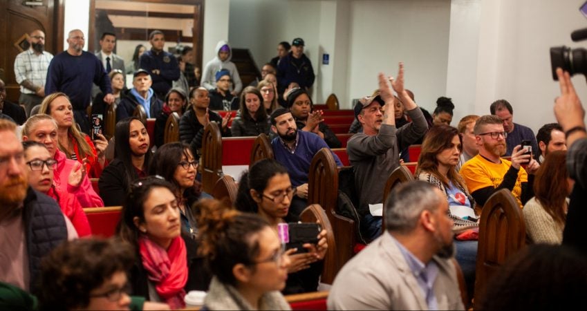 Philadelphia residents from Kensington and beyond crowd a public discussion in April on a proposed supervised injection site on Hilton Street near Kensington and Allegheny Avenue. (Brad Larrison for WHYY)