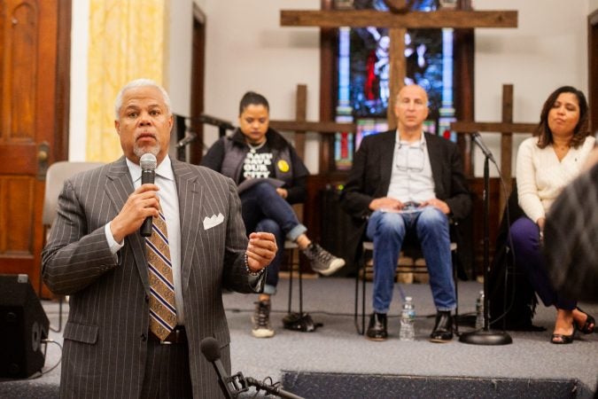 Democratic Mayoral Candidate Anthony Hardy WIlliams attended a community forum on a proposed safe injection site on Hilton Street near Kensington and Allegheny Avenue Monday evening at Bethel Temple Community Bible Church. (Brad Larrison for WHYY)