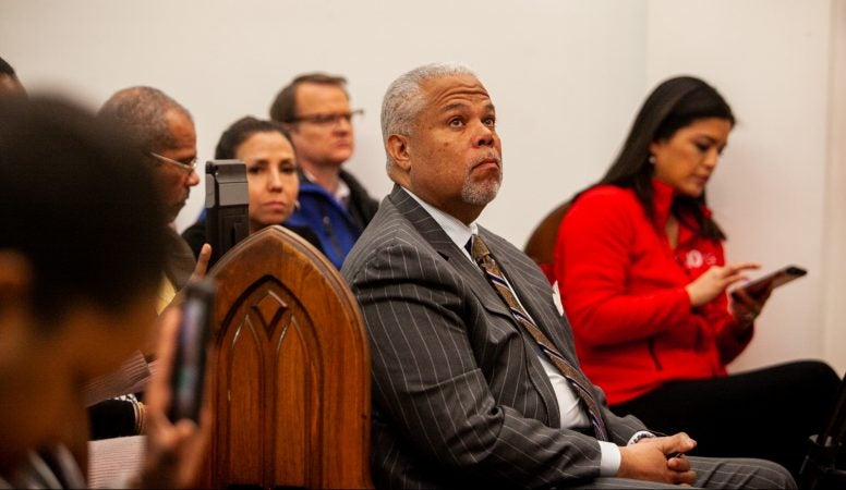 Democratic Mayoral Candidate Anthony Hardy WIlliams attended a community forum on a proposed safe injection site on Hilton Street near Kensington and Allegheny Avenue Monday evening at Bethel Temple Community Bible Church. (Brad Larrison for WHYY)