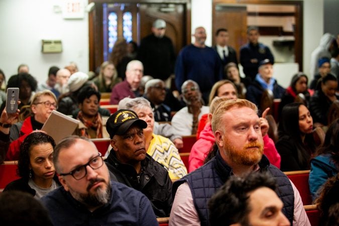 Philadelphia residents from Kensington and beyond atteneded a community forum discussing a proposed safe injection site on Hilton Street near Kensington and Allegheny Avenue. (Brad Larrison for WHYY)