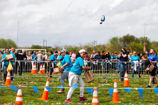 Volunteers toss large easter eggs before the arrival of a helicpoter that dropped thousands of Easter eggs at the River Fields in Northeast Philadelphia Saturday. (Brad Larrison for WHYY)