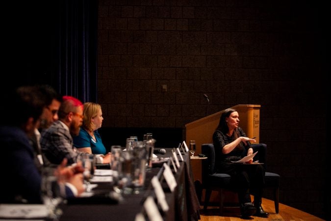 Susan Phillips of WHYY/StateImpact moderated the forum on environmental issues with candidates for Philadelphia City Council At-Large Wednesday evening. (Brad Larrison for WHYY)