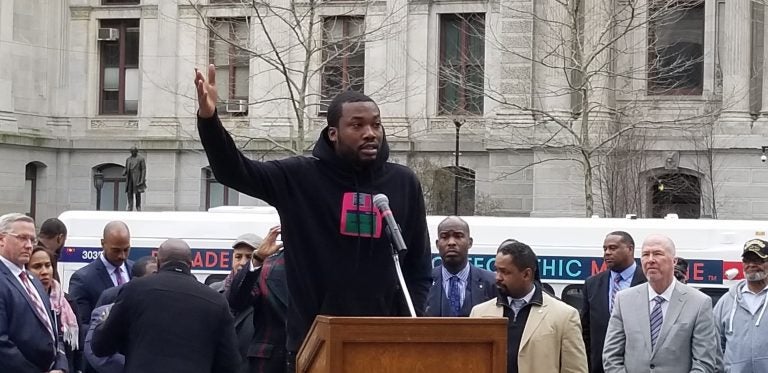 File - Meek Mill and others speak about the need for overhauling Pennsylvania's parole and probation system in Philadelphia. (Tom MacDonald/WHYY)