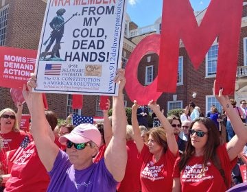 An NRA supporter holds up a sign in front of gun-control activists in front of the Delaware State Capitol building in Dover, Del., Wednesday. (Zoe Read/WHYY)