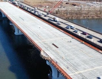 The the new span (left) of the Scudder Falls Bridge is expected to be open this summer. (Image via DRJTBC video)