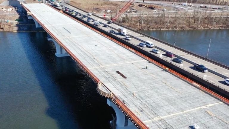 The the new span (left) of the Scudder Falls Bridge is expected to be open this summer. (Image via DRJTBC video)