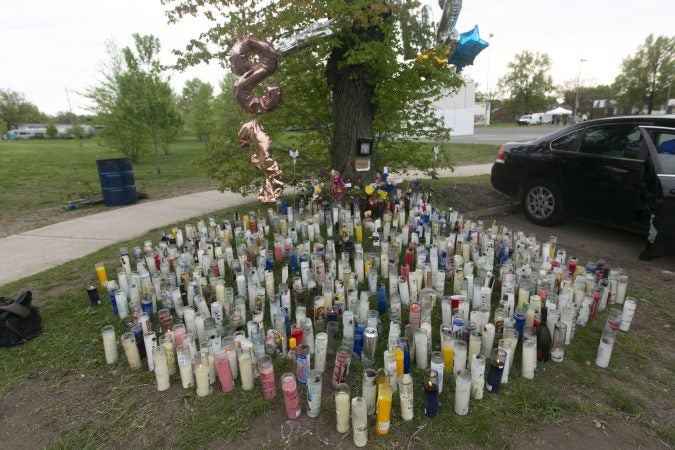 A memorial to remember Sincere Howard and Shirleen Caban who were killed on Sunday, April 21 at Von Nieda Park in Camden. A community rally was held to create safer environment for children on Thursday, April 25, 2019. (Miguel Martinez for WHYY)