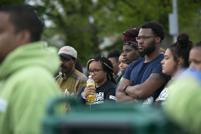 Camden residents participate participate in the community rally held in Camden to create safer environment for children on Thursday, April 25, 2019. (Miguel Martinez for WHYY)