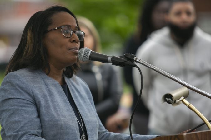 Camden Schools superintendent, Katrina McCombs offer remarks in a community rally held in Camden to create safer environment for children on Thursday, April 25, 2019. (Miguel Martinez for WHYY)