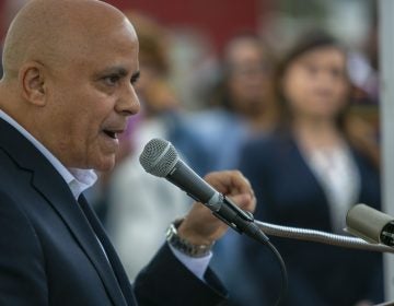 Camden mayor, Frank Moran, offers remarks at a community rally held in Camden to create a safer environment for children on Thursday, April 25, 2019. (Miguel Martinez for WHYY)