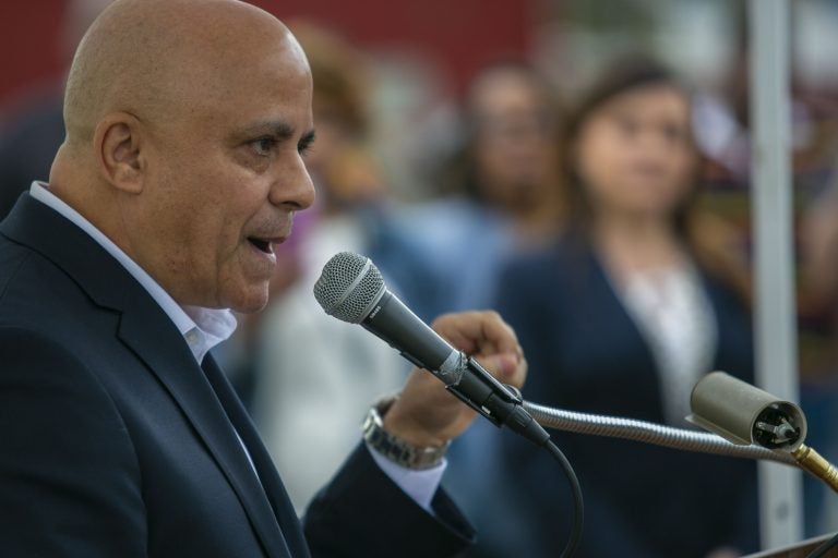 Camden mayor, Frank Moran, offers remarks at a community rally held in Camden to create a safer environment for children on Thursday, April 25, 2019. (Miguel Martinez for WHYY)