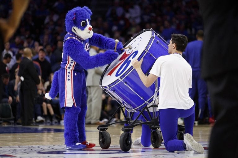 Philadelphia 76ers mascot Franklin plays the big drum during the first half in Game 5 of a first-round NBA basketball playoff series against the Brooklyn Nets, Tuesday, April 23, 2019, in Philadelphia. The 76ers won 122-100. (AP Photo/Chris Szagola)