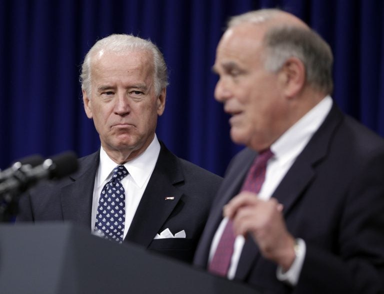 Former Vice President Joe Biden looks on at left as then-Pa. Gov. Ed Rendell speaks during a news conference at the Pennsylvania Capitol in Harrisburg, Pa., Wednesday, Feb. 11, 2009.  (Carolyn Kaster/AP Photo)