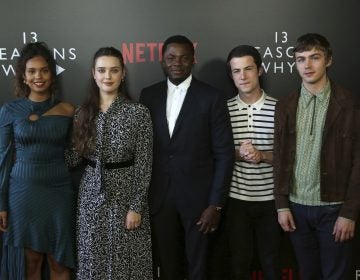 Alisha Boe, from left, Katherine Langford, Derek Luke, Dylan Minnette and Miles Heizer arrive at the 