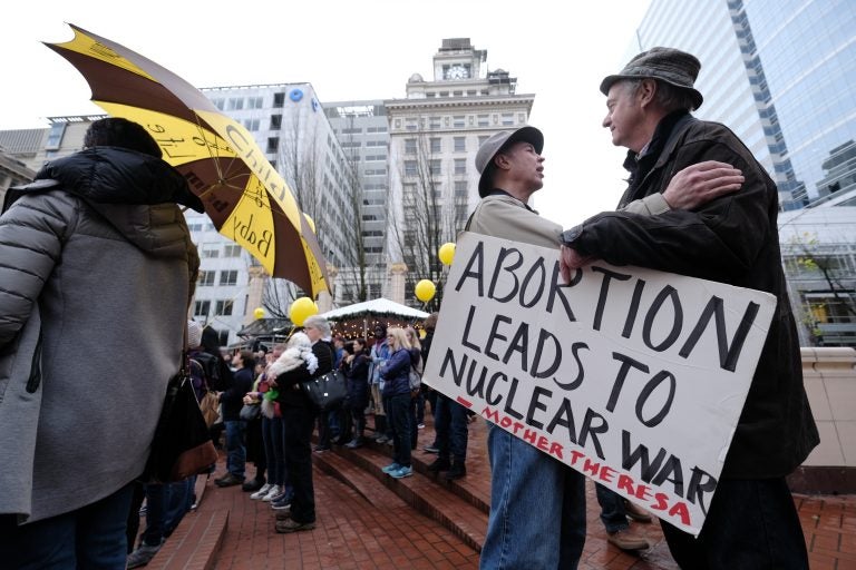 People gather for the Roe v. Wade rally for life in Portland, Ore., on January 19, 2019. (Photo by Alex Milan Tracy/Sipa USA)(Sipa via AP Images)