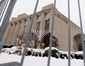 Barricades surround the gardens outside the Tree of Life Synagogue Monday, Feb. 11, 2019, in Pittsburgh's Squirrel Hill neighborhood where Robert Bowers is accused of killing 11 and wounding multiple others during an attack on that Pittsburgh synagogue in October of 2018. (Keith Srakocic/AP Photo)