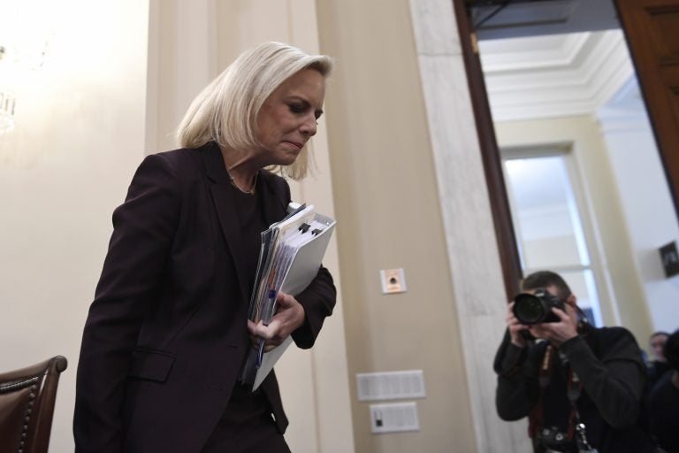 Homeland Security Secretary Kirstjen Nielsen arrives to testify on Capitol Hill in Washington, Wednesday, March 6, 2019, before the House Homeland Security Committee. (AP Photo/Susan Walsh)