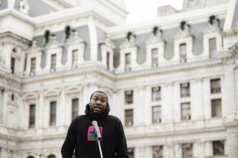 Recording artist Meek Mill speaks at a gathering to push for drastic changes to Pennsylvania's probation system, in Philadelphia, Tuesday, April 2, 2019. House Democratic Whip Jordan Harris on Tuesday announced he will soon introduce a bill designed to result in fewer people on parole and for shorter periods of time. (Matt Rourke/AP Photo)