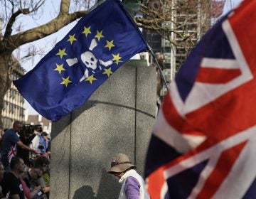 In this March 29, 2019, file photo, Pro-Brexit leave the European Union supporters wave flags in Parliament Square at the end of the final leg of the 