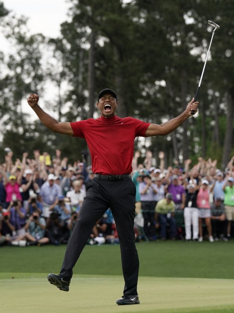 Tiger Woods reacts as he wins the Masters golf tournament Sunday, April 14, 2019, in Augusta, Ga. (David J. Phillip/AP Photo)