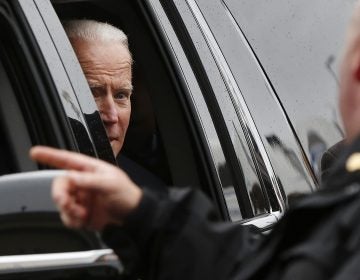 Former vice president Joe Biden looks out the car window as he leaves after speaking at a rally in support of striking Stop & Shop workers in Boston, Thursday, April 18, 2019. (Michael Dwyer/AP Photo)