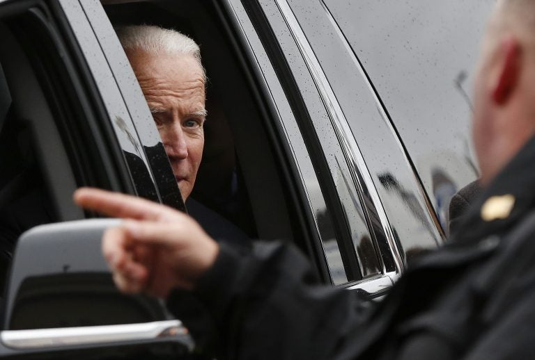 Former vice president Joe Biden looks out the car window as he leaves after speaking at a rally in support of striking Stop & Shop workers in Boston, Thursday, April 18, 2019. (Michael Dwyer/AP Photo)