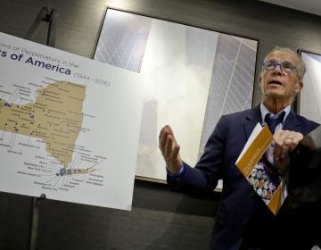 Attorney Jeff Anderson, left, survivor and advocate Birdie Farrell, right, hold a press conference to release the names of more than 130 Boy Scout leaders who worked in New York and were named in Boy Scouts of America (BSA) 