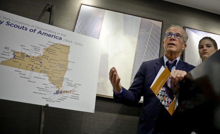 Attorney Jeff Anderson, left, survivor and advocate Birdie Farrell, right, hold a press conference to release the names of more than 130 Boy Scout leaders who worked in New York and were named in Boy Scouts of America (BSA) 