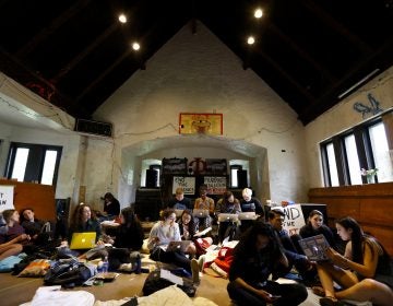 Swarthmore College students gather at the Phi Psi fraternity house during a sit-in, Monday, April 29, 2019, in Swarthmore, Pa. (AP Photo)