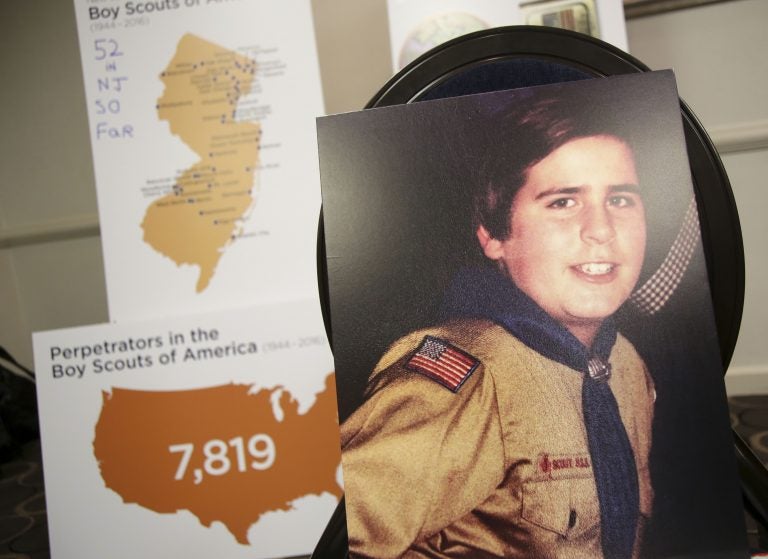 A picture of Richard Halvorson as a boy scout in 1982, when he was 11-years-old, is displayed during a news conference in Newark, N.J., Tuesday, April 30, 2019. Halvorson is alleging sexual abuse in a lawsuit filed against the Boy Scouts of America. (Seth Wenig/AP Photo)