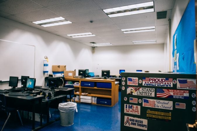 The computer lab at Turkeyfoot School displays patriotic stickers. (Dani Fresh/Keystone Crossroads)