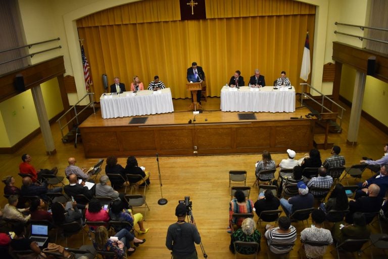 Six candidates for York County commissioner participate in a forum at on April 10, 2019, at Zion United Church of Christ in York. (Ed Mahon/PA Post) 