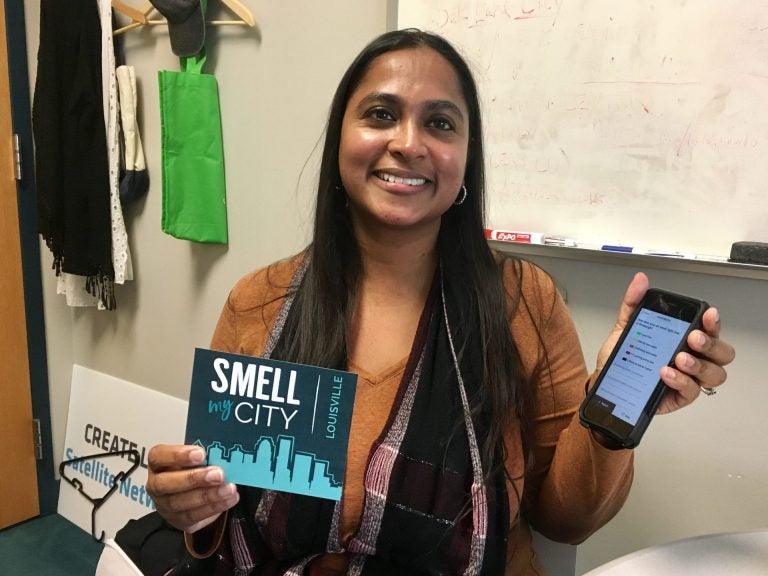 Beatrice Dias with Carnegie Mellon University’s CREATE Lab is working with partners in Louisville, Kentucky to build a base of users for Smell MyCity. (Amy Sisk/StateImpact Pennsylvania)