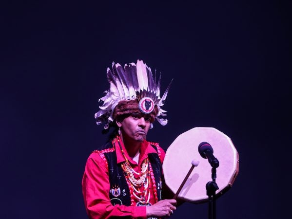 Wayahsti Richardson demonstrates traditional drum rhythms at We Are the Seeds (Angela Gervasi for WHYY)